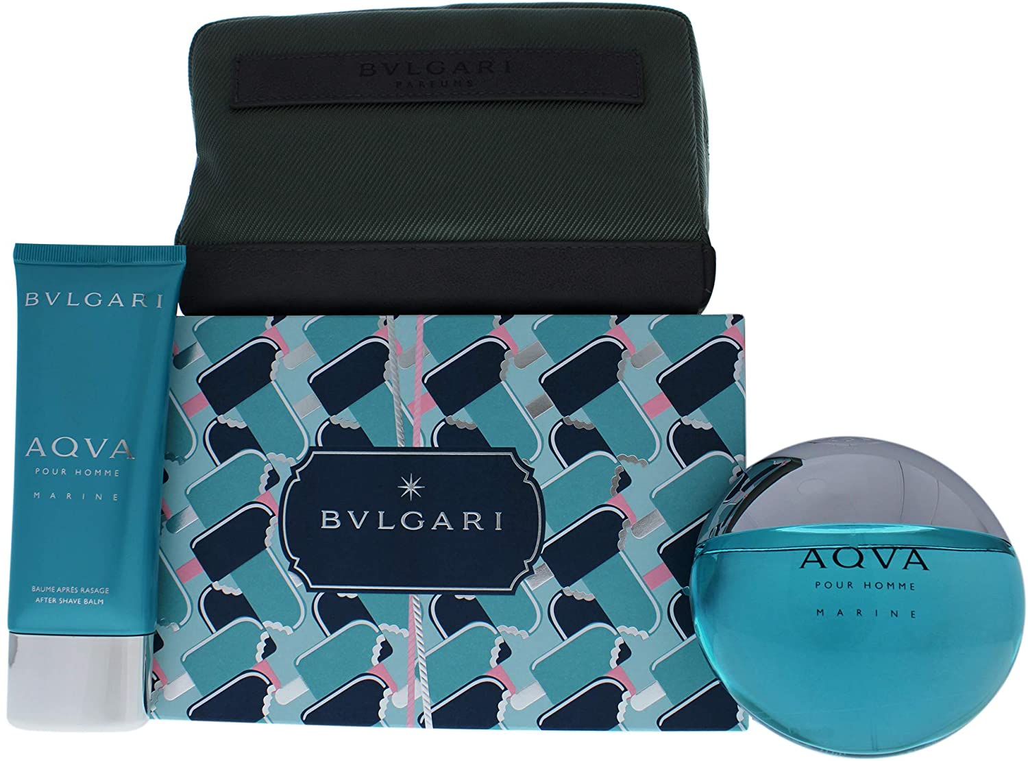 783320400636 Bvlgari Aqva Marine, Giftset Perfume For Men, EDT 100 ml + Aftershave Balm 100 ml + Pouch - Image 1