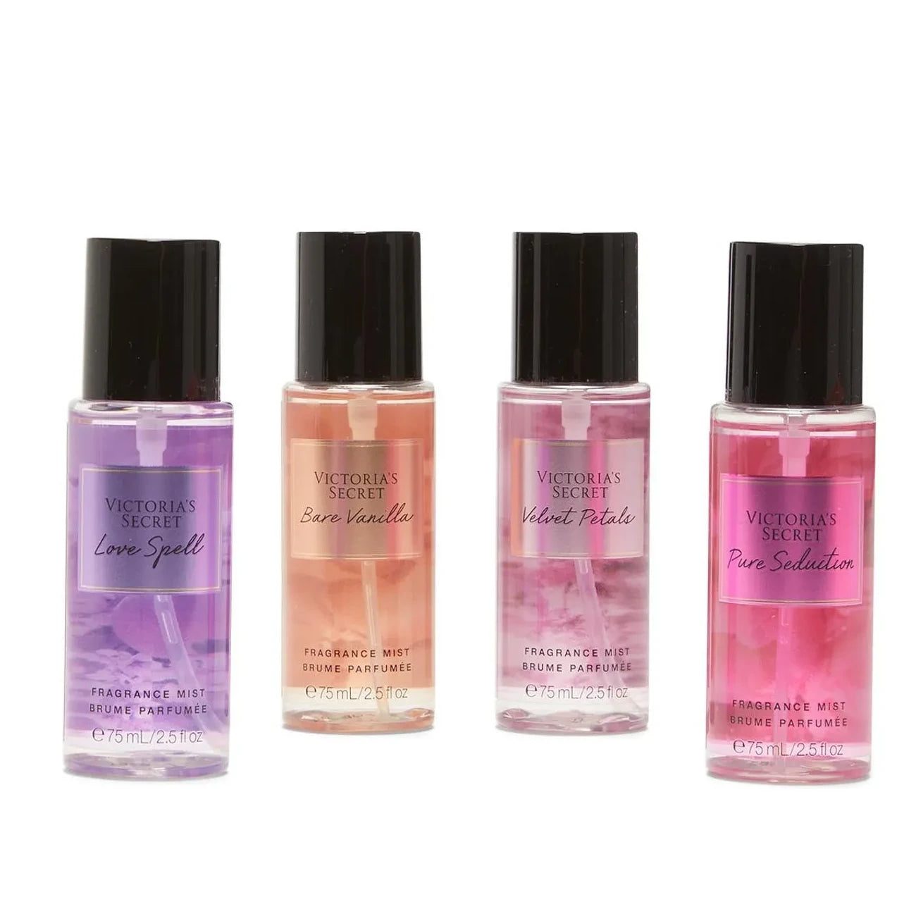 Victoria_sSecret4PcsMistTravelSet75ml_PureSeduction_VelvetPetals_LoveSpell_BareVanilla Victoria's Secret Fragrance Mist Travel Set For Women - Image 1