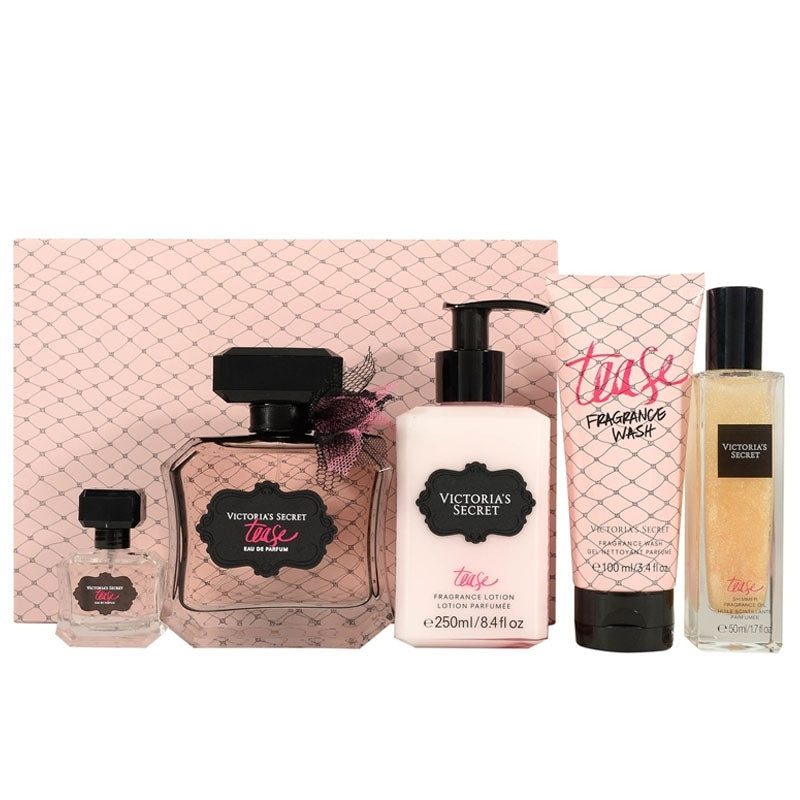 victorias-secret-tease-eau-de-parfum-100ml-75ml-mini-50ml-shimer-oil-250ml-bl-100ml-wash-gel-set Victoria Secret Tease 5 Piece Set - Image 1